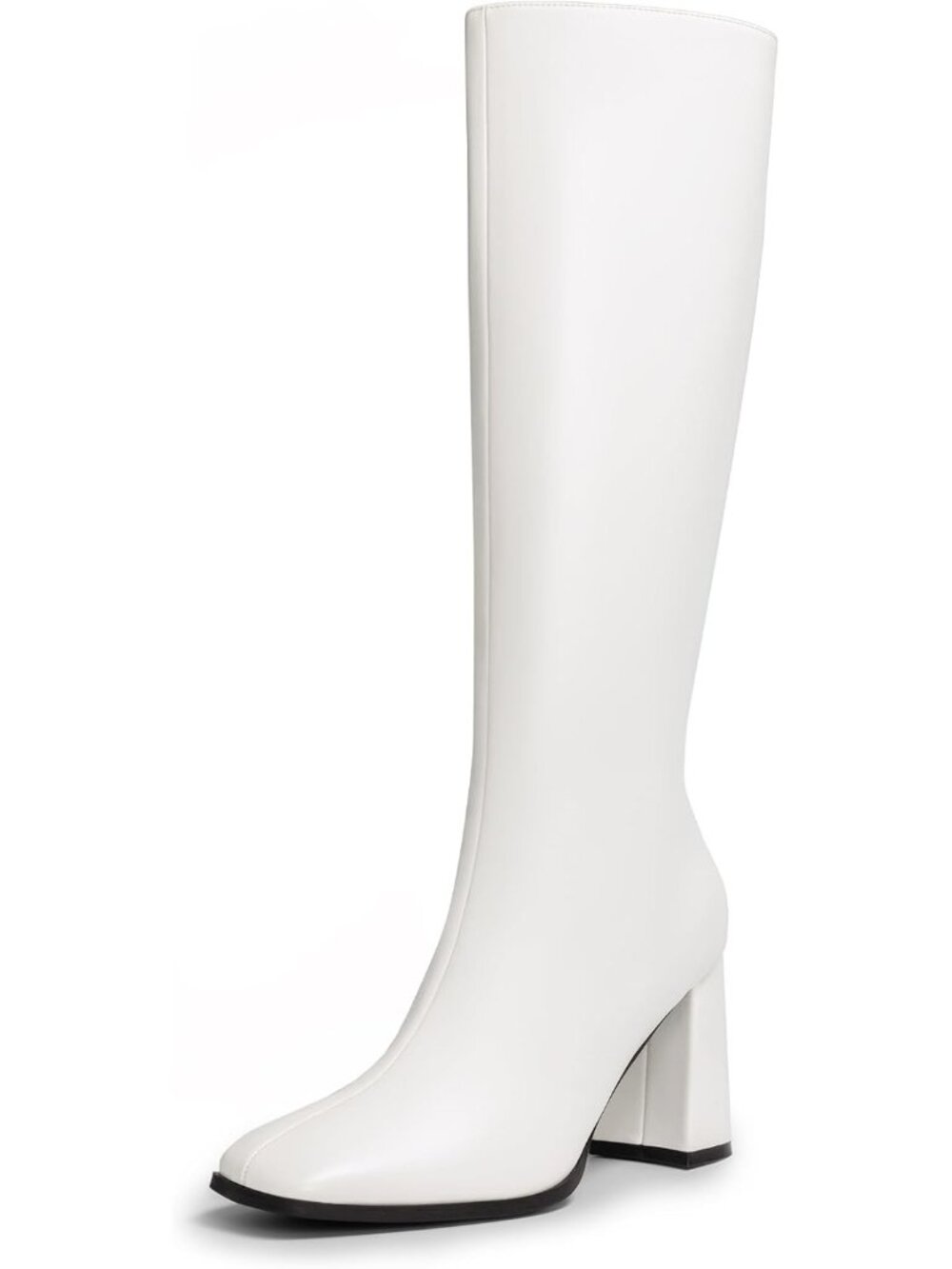 DREAM PAIRS Women's White-pu Knee High Chunky Gogo Boots Square Toe Side Zip